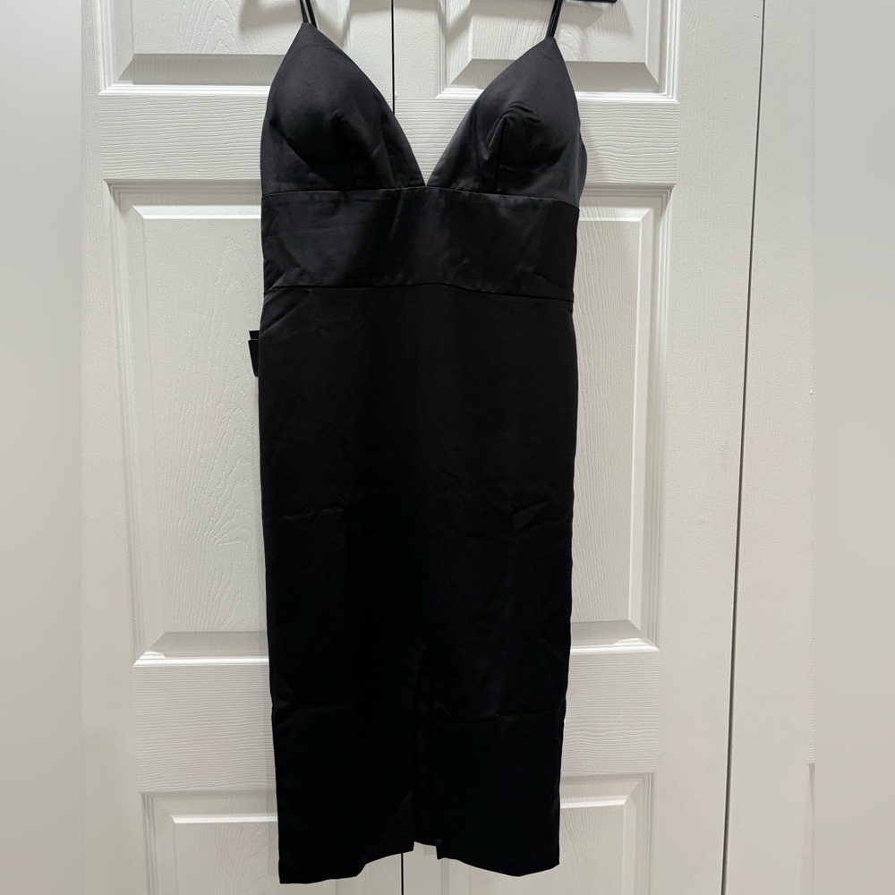 bebe black satin hi slit midi dress